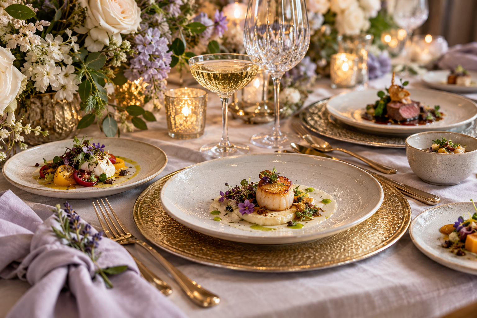 Chef-inspired tasting dishes arranged with elegant tableware and candlelight