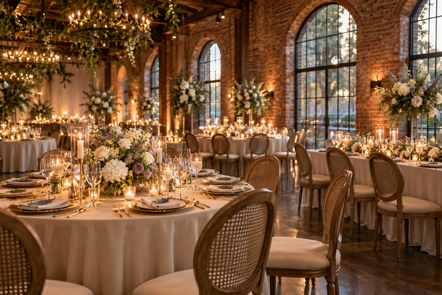Wedding inspiration with candlelit tables, ivory flowers, and gold place settings